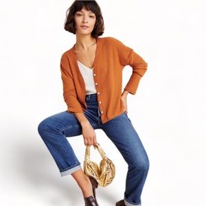 Anthropologie Ladies Waffle Knit Cropped Orange Shirt Size Small